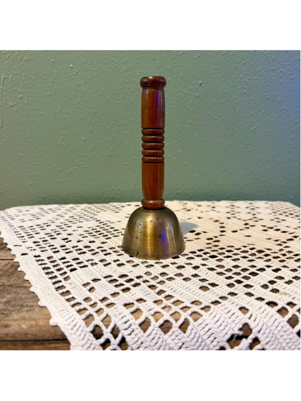 Vintage Brass Hand Bell with Turned Wood Handle | Rustic Dinner Bell Decor